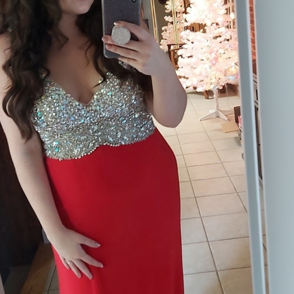Red and silver sequin gown